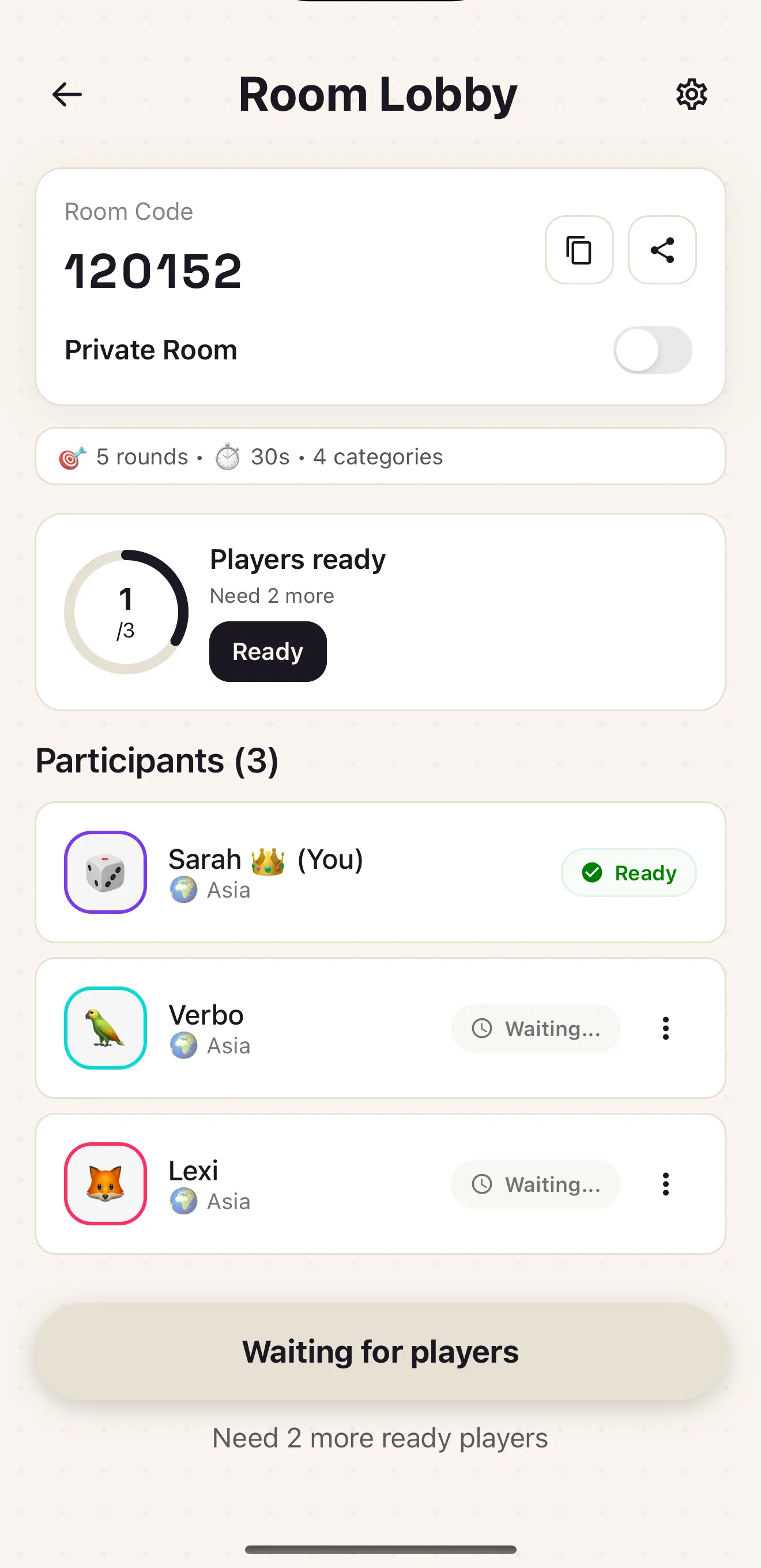 A room lobby showing the six-digit code 120152, a private-room toggle and three players readying up.