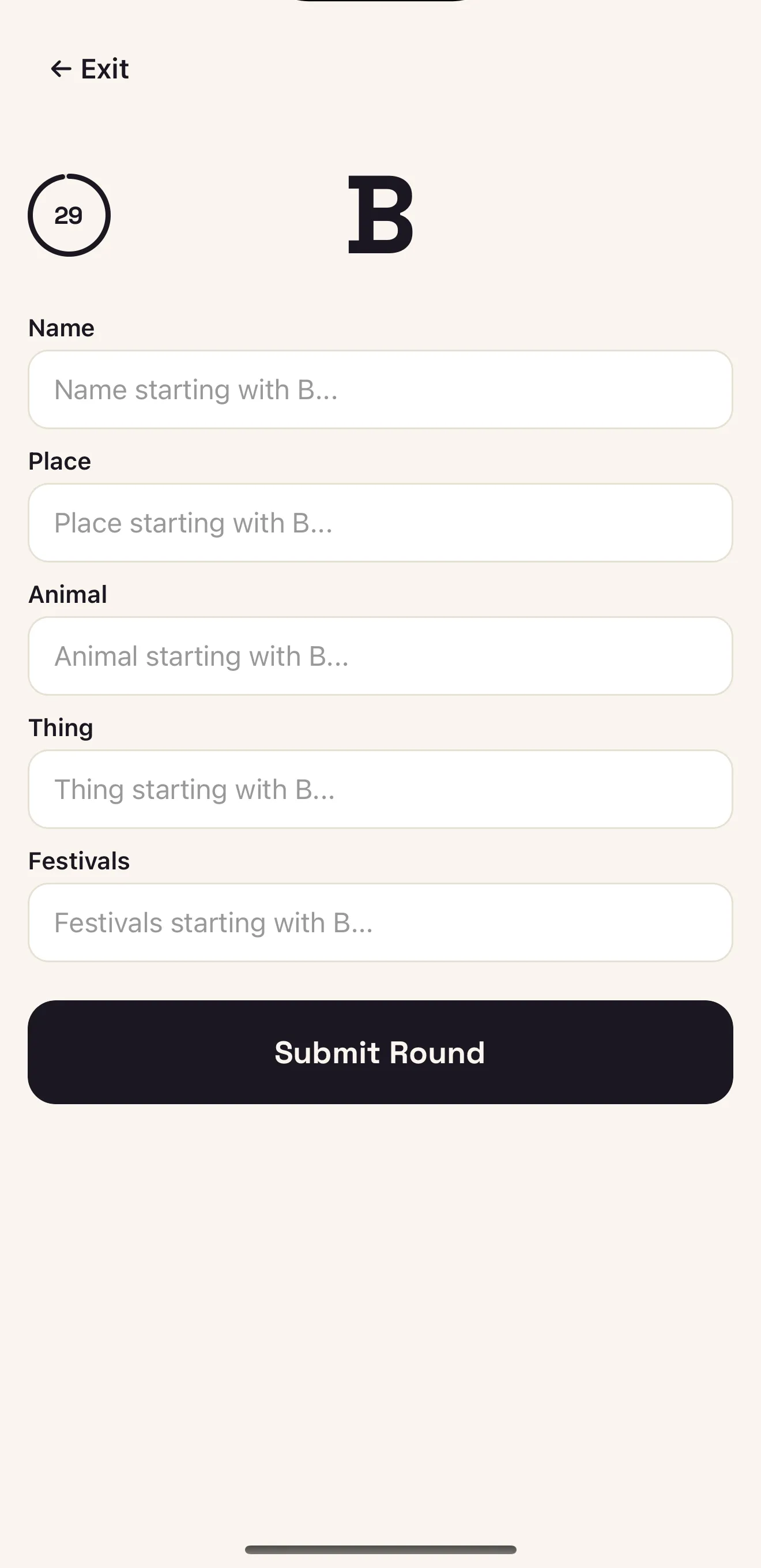 A round in play: the letter B, with fields for Name, Place, Animal, Thing and Festivals.