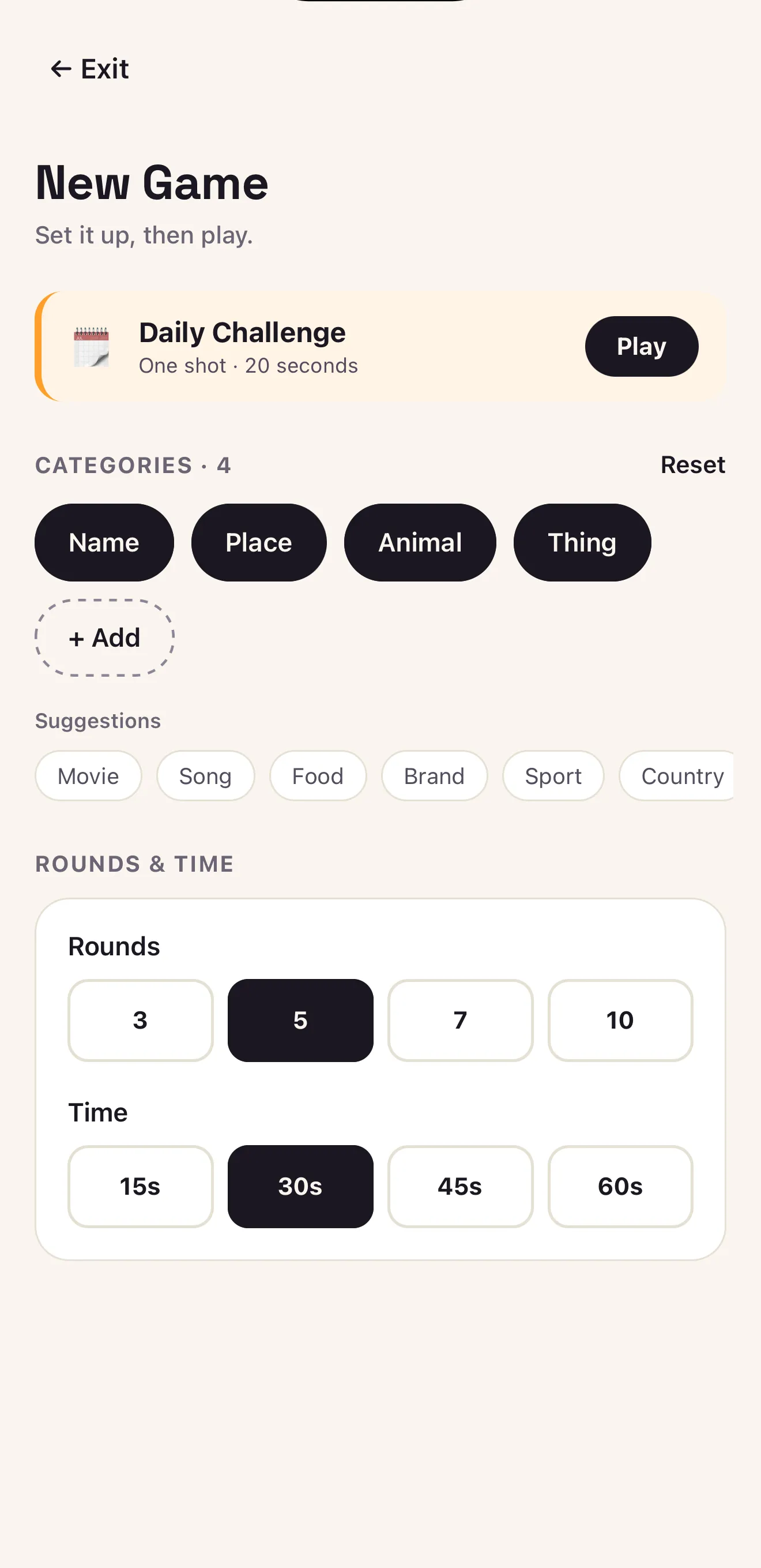 The new-game setup screen, with the Daily Challenge banner, category chips, round count and timer options.