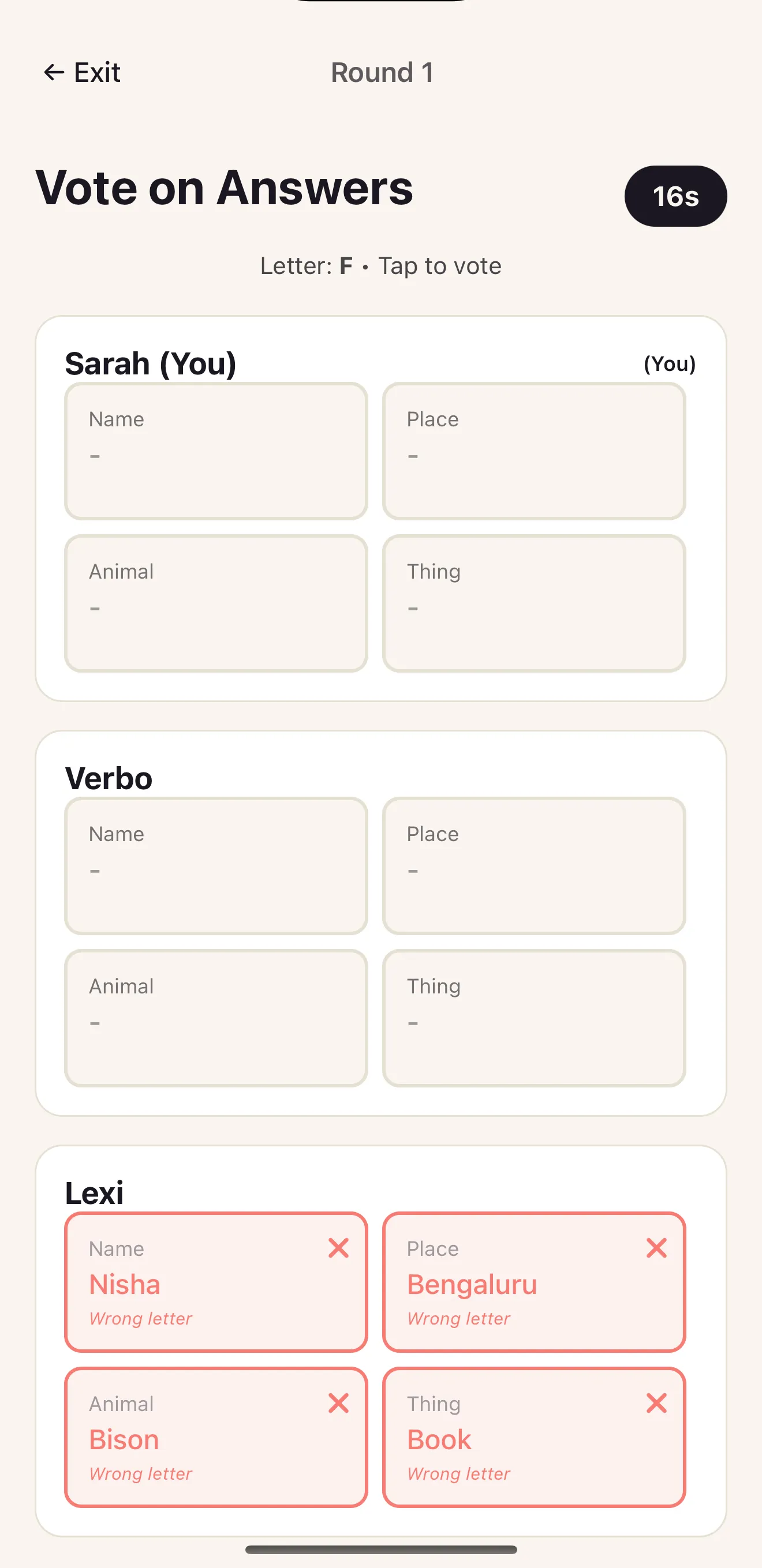 The voting screen: every player's answers listed, each one tappable to mark it right or wrong.